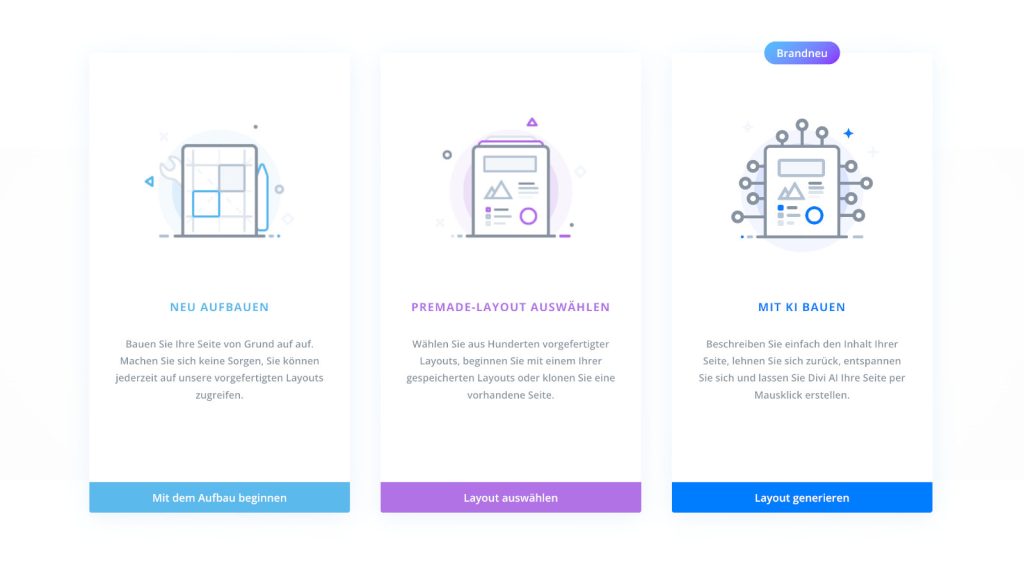 Divi AI Page Creation: Auswahldialog